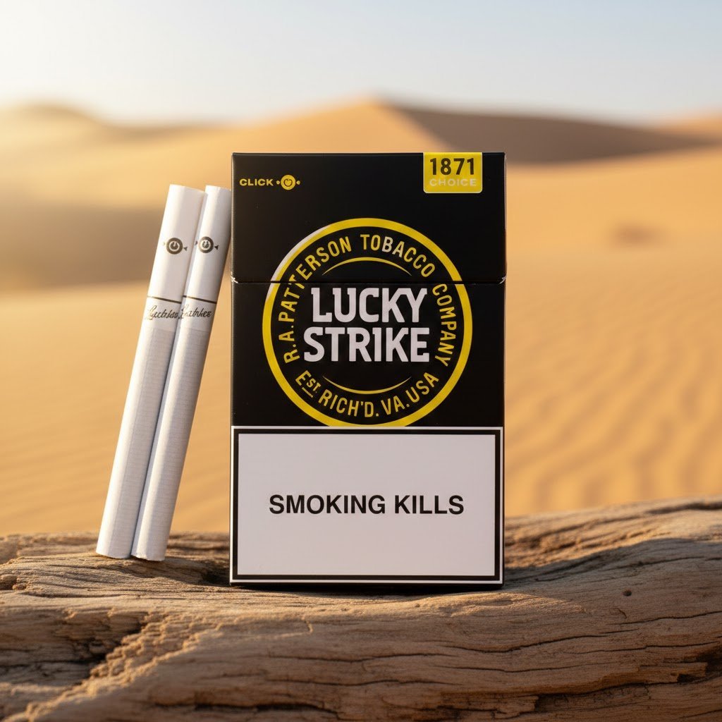 ซองบุหรี่ Lucky Strike Yellow สีดำคาดเหลืองแบบมีเม็ดบีบ วางบนขอนไม้กลางทะเลทราย