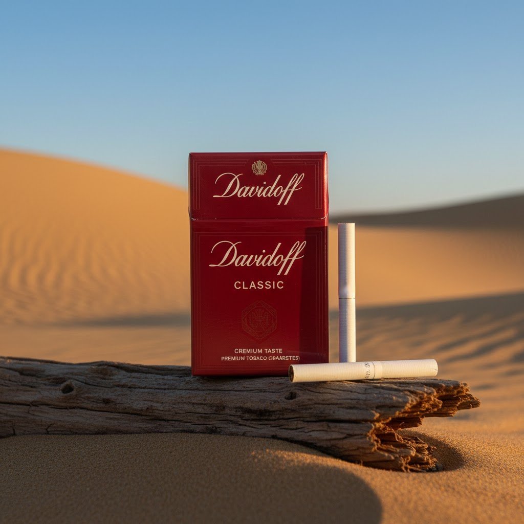 ซองบุหรี่ Davidoff Classic สีน้ำเงินเข้มหรูหรา วางบนขอนไม้กลางทะเลทราย แสงแดดสีทอง พร้อมมวนขนาด Magnum