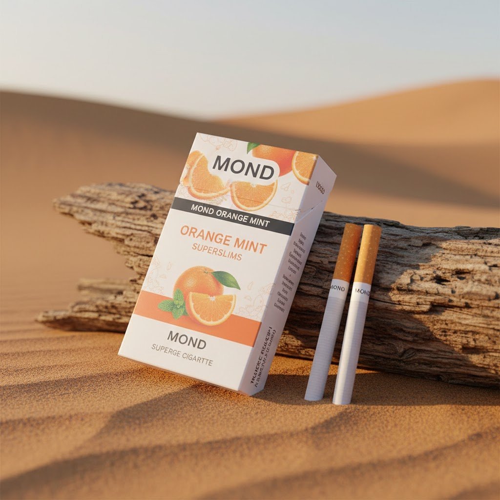 บุหรี่ Mond Orange Mint ซองสีขาวลายรูปส้มและใบมิ้นต์ วางพิงขอนไม้ในทะเลทราย พร้อมมวนบุหรี่ Superslims 2 มวน