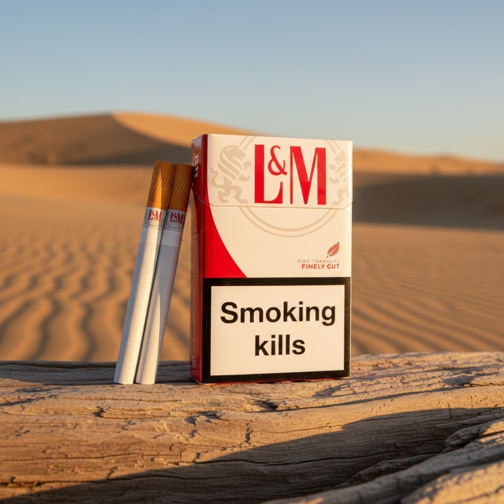 บุหรี่ L&M Red Fine Cut ซองแข็งสีแดงขาว วางบนขอนไม้ท่ามกลางทิวทัศน์ทะเลทรายสีทอง
