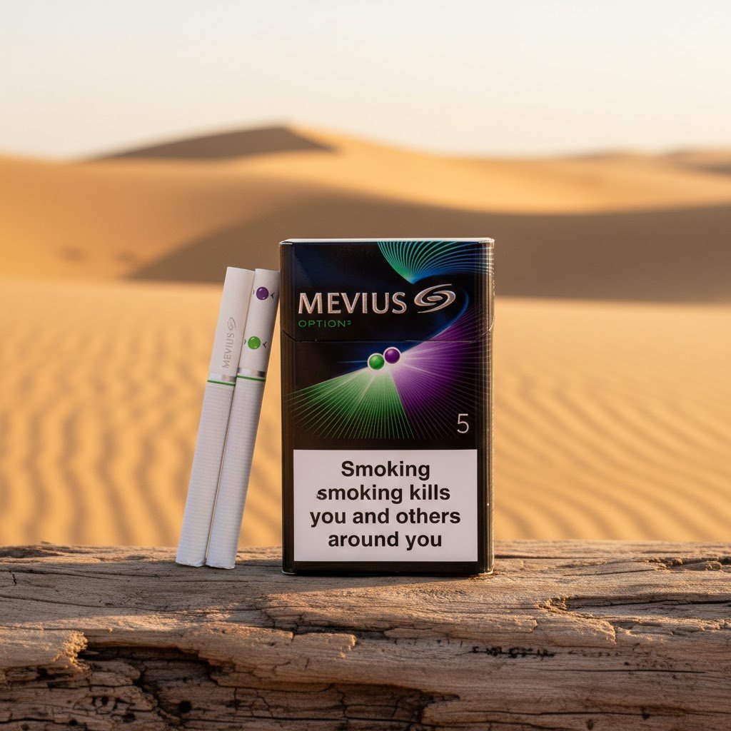 บุหรี่ Mevius Option 2 No.5 ของแท้จากญี่ปุ่น กลิ่นองุ่นและเมนทอล 2 เม็ดบีบ วางบนขอนไม้กลางทะเลทราย