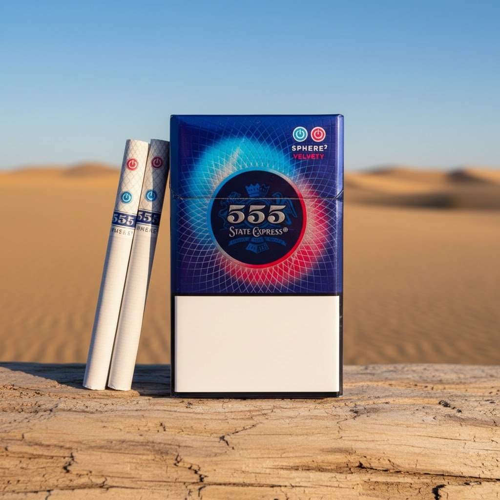 ซองบุหรี่ 555 State Express Sphere2 Velvety สีน้ำเงินหรูหรา วางบนขอนไม้กลางทะเลทราย แสงแดดอุ่น