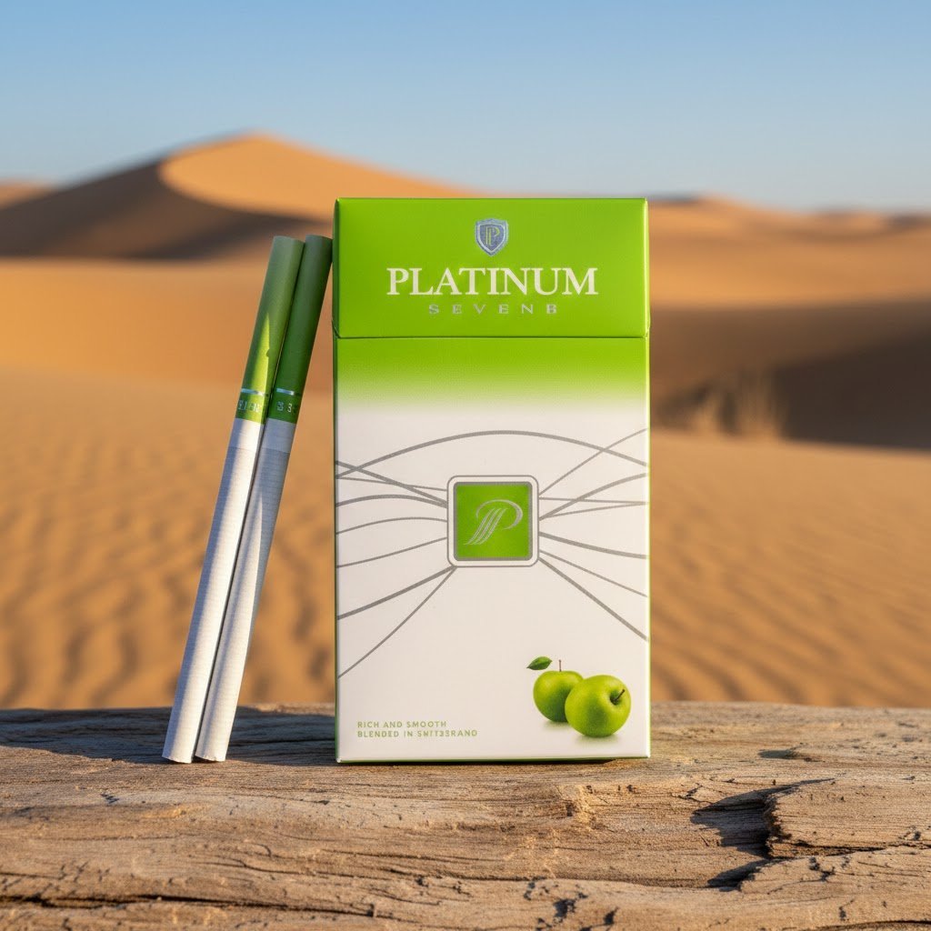 ซองบุหรี่ Platinum Seven Green Apple สีขาวเขียวสดใส วางบนขอนไม้แห้งในทะเลทราย แสงแดดอุ่น