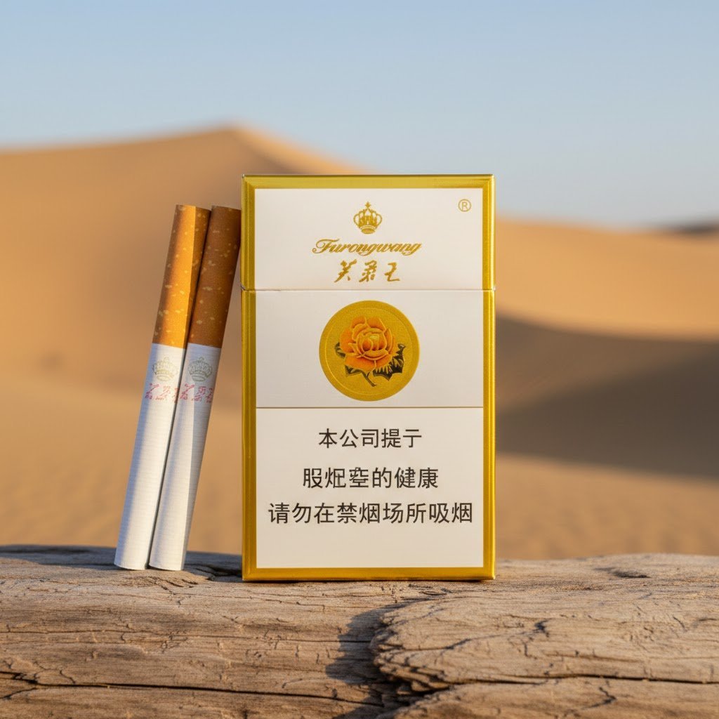 บุหรี่ Furongwang ซองสีขาวขอบทอง ดีไซน์พรีเมียม วางบนขอนไม้ท่ามกลางเนินทราย