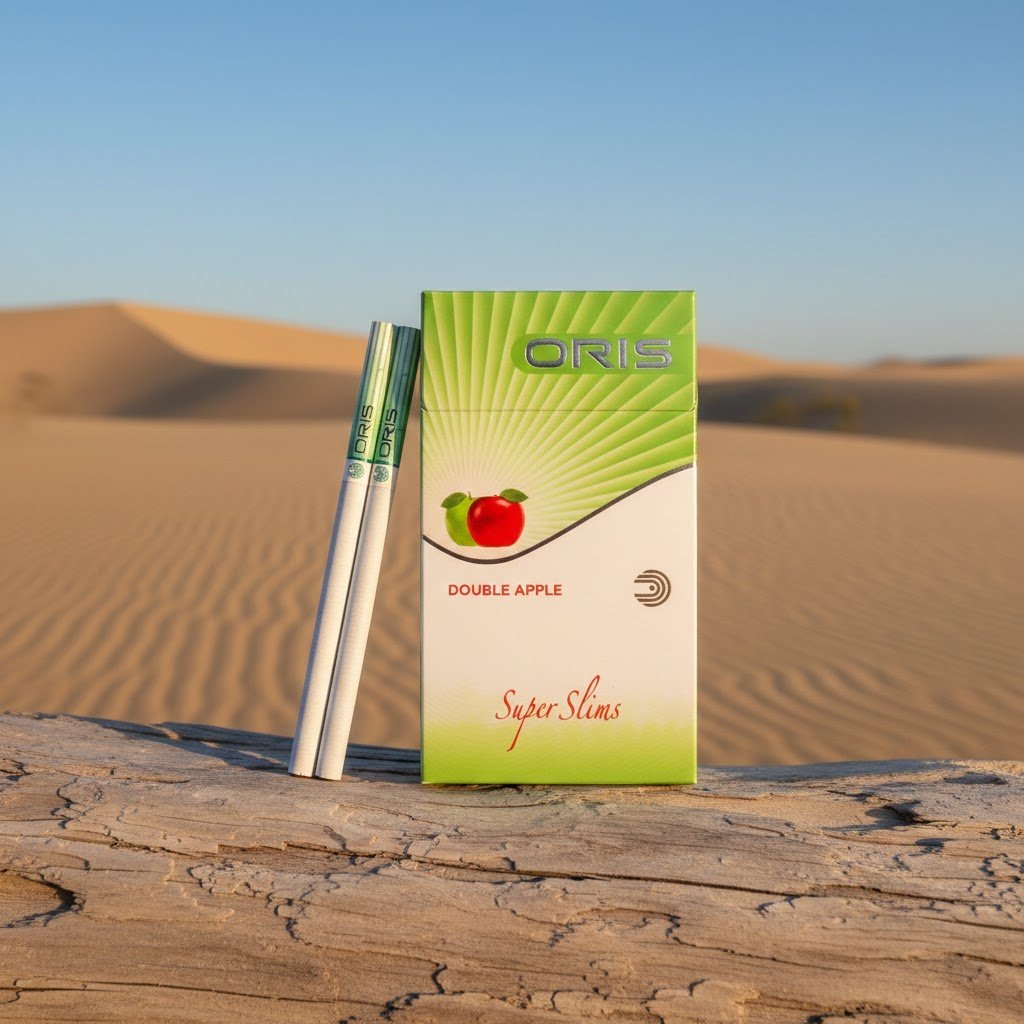 บุหรี่ Oris Double Apple ซองสีเขียวขาว ดีไซน์มวนซุปเปอร์สลิม วางบนขอนไม้ในทะเลทราย