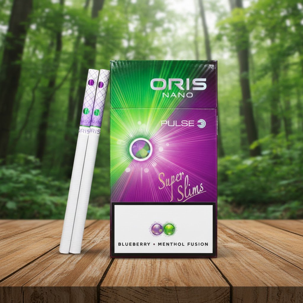 ซองบุหรี่ Oris Pulse Blueberry Menthol สีม่วงเขียวสดใส วางบนโต๊ะไม้พร้อมมวนบุหรี่ Super Slims ท่ามกลางบรรยากาศป่าไม้
