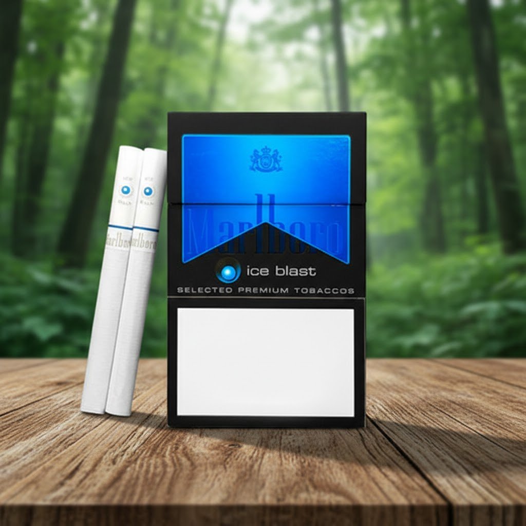 ซองบุหรี่ Marlboro Ice Blast วางบนโต๊ะไม้ในบรรยากาศป่าเขียวขจี แสดงดีไซน์ซองสีดำแถบฟ้าที่เป็นเอกลักษณ์