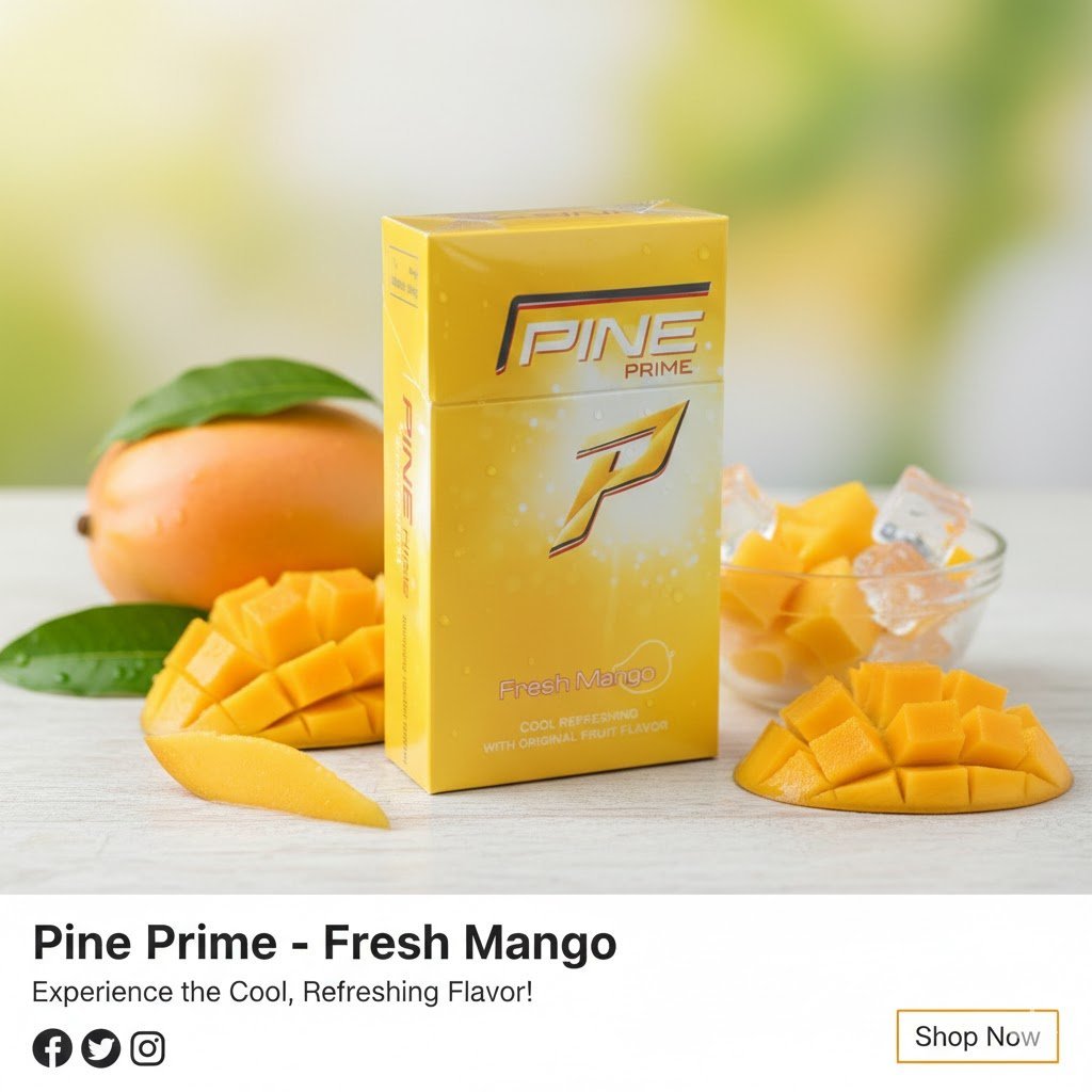 ซองบุหรี่ Pine Prime Fresh Mango วางคู่กับมะม่วงสุกและน้ำแข็ง สื่อถึงความเย็นสดชื่น