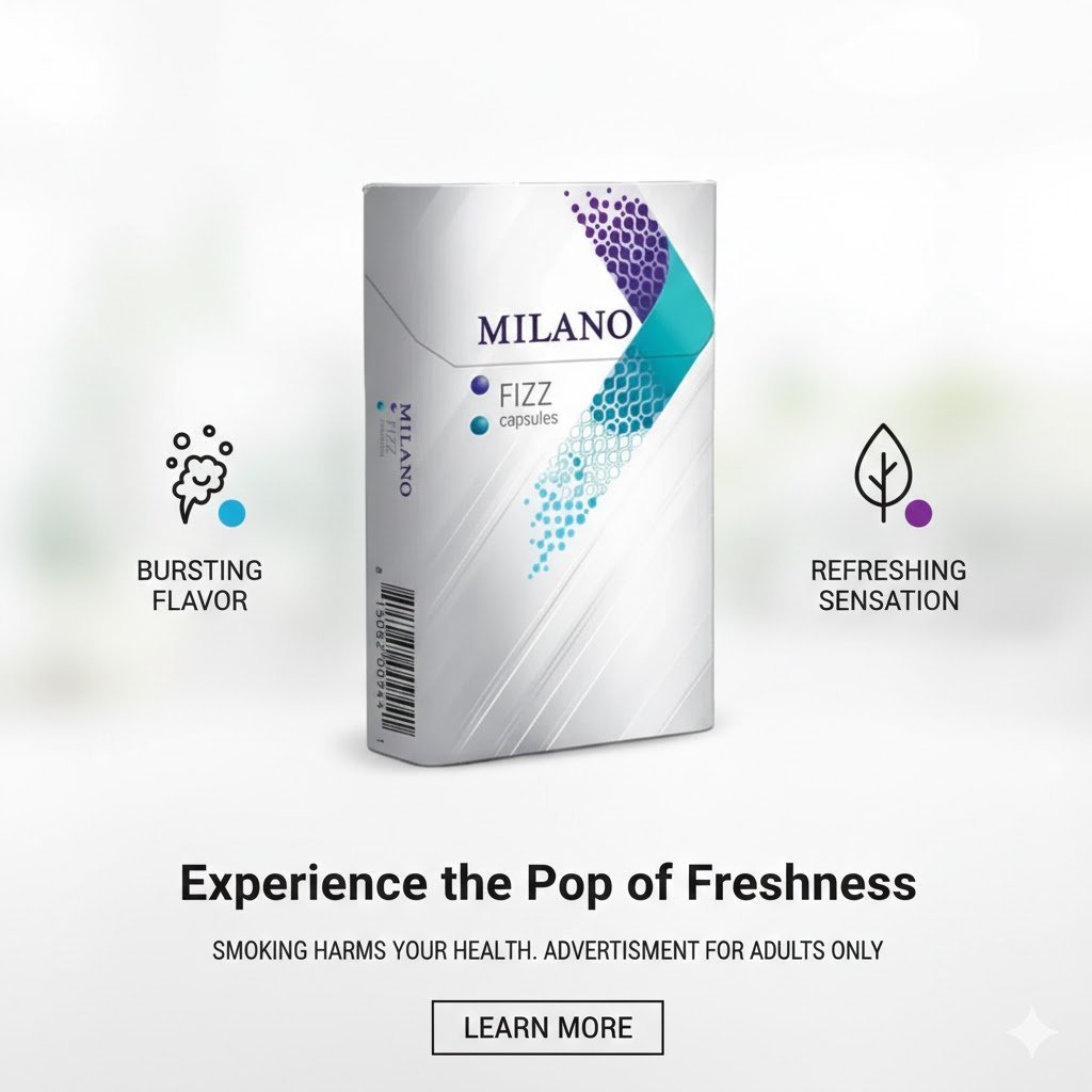 ซองบุหรี่ Milano Fizz ดีไซน์ทันสมัยแบบสไลด์ สีขาวตกแต่งด้วยลวดลายสีม่วงและฟ้า พร้อมไอคอนแสดงระบบ 2 เม็ดบีบ