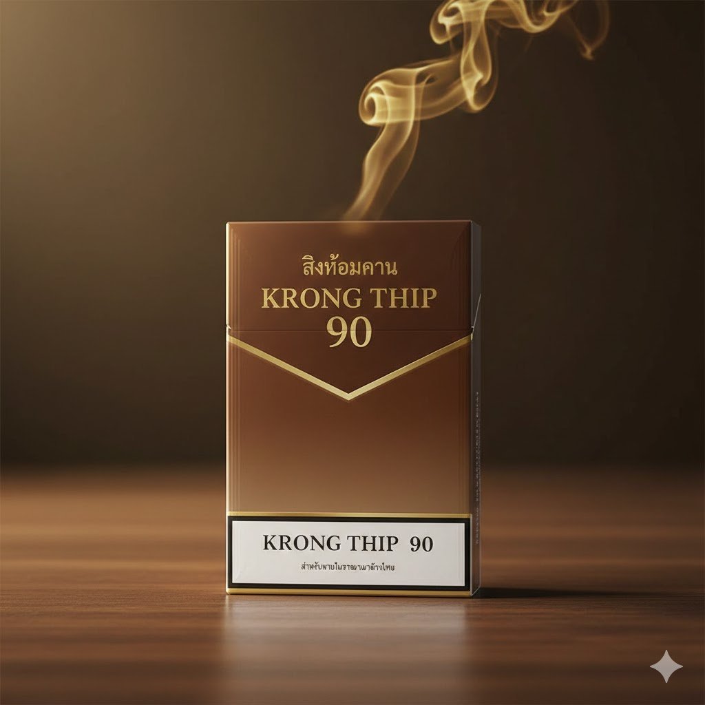 ซองบุหรี่ Krongthip 90 วางบนพื้นไม้ในบรรยากาศผ่อนคลาย พร้อมควันจางๆ สื่อถึงการพักผ่อนจากความเครียด