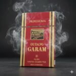 ซองบุหรี่ Gudang Garam Professional ดีไซน์หรูหราสีแดงตัดทอง บนพื้นผิวสีดำพร้อมควันจางๆ สื่อถึงระดับมือโปร