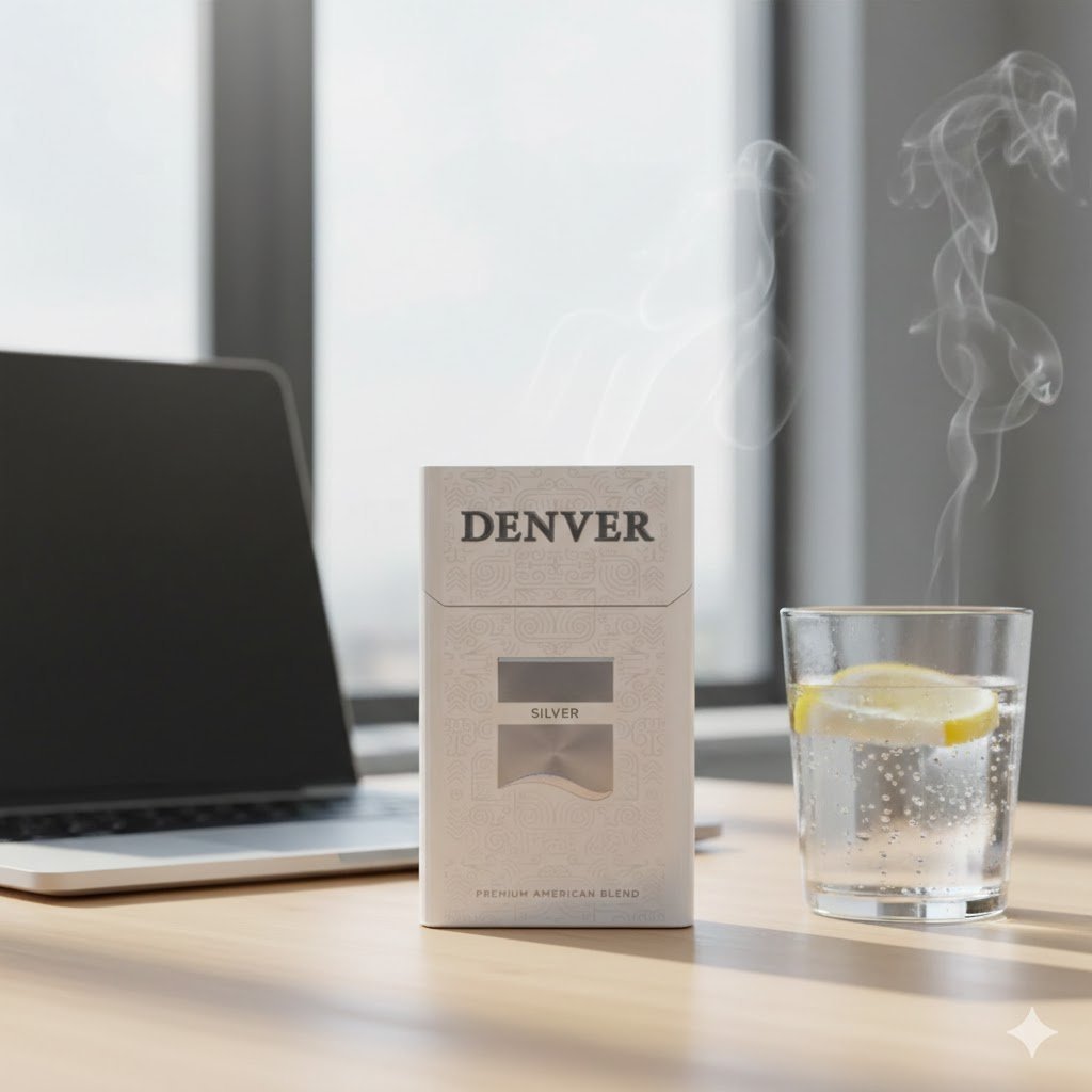 ซองบุหรี่ Denver Silver ดีไซน์เรียบหรู วางข้างแล็ปท็อปบนโต๊ะทำงาน