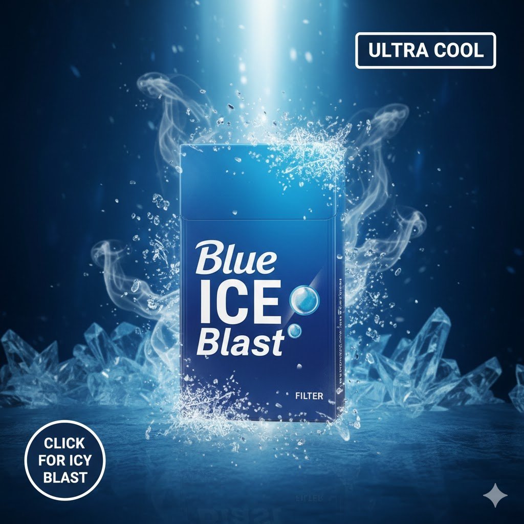 ซองบุหรี่ Blue Ice Blast สีน้ำเงินสด ท่ามกลางกราฟิกเกล็ดน้ำแข็งและไอเย็นขั้วโลก พร้อมข้อความ Ultra Cool และ Click for Icy Blast