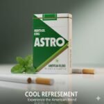 ซองบุหรี่ Astro Menthol วางคู่กับใบมิ้นต์สด บนพื้นผิวที่สะท้อนความเย็นและผ่อนคลายสำหรับคนวัยทำงาน