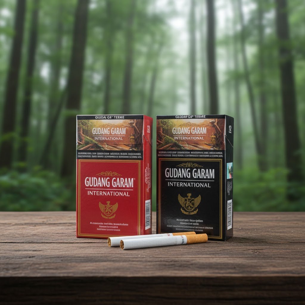ซองบุหรี่ Gudang Garam International 12 สีแดงและสีดำ พร้อมมวนบุหรี่วางบนโต๊ะไม้ในป่า
