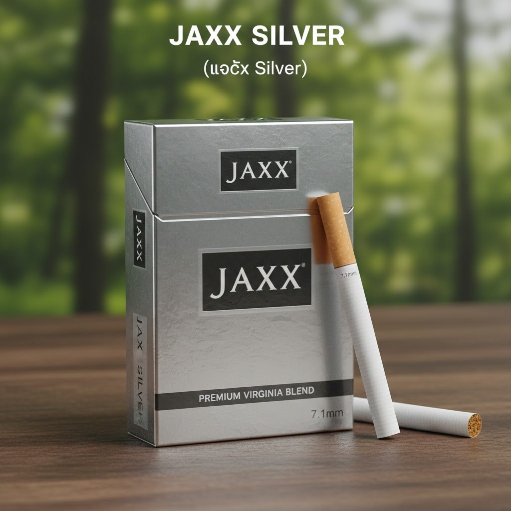 ซองบุหรี่ Jaxx Silver สีเงินดีไซน์หรูหรา พร้อมมวนบุหรี่วางบนโต๊ะไม้ฉากหลังเป็นป่าเขียว