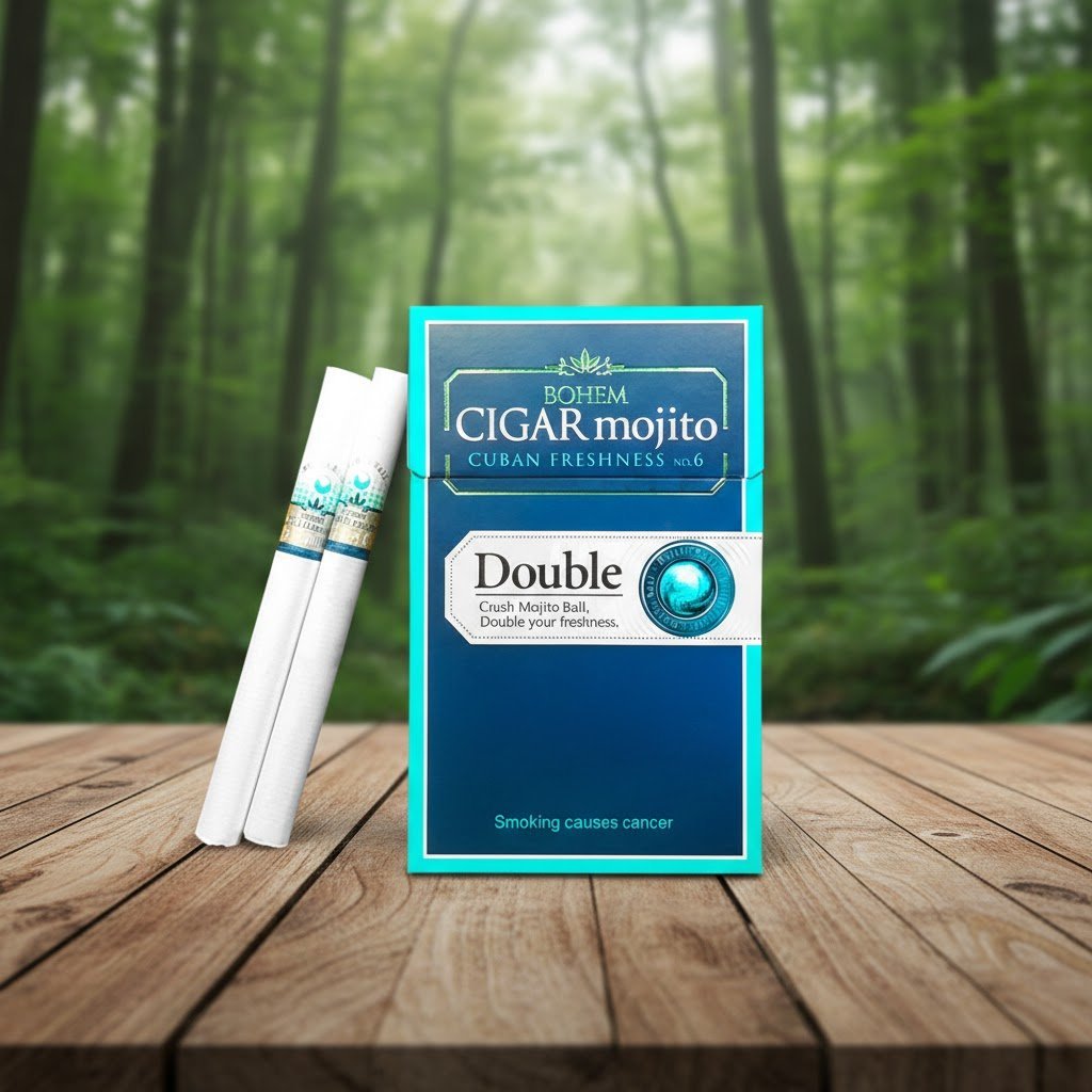 ซองบุหรี่ Bohem Cigar Mojito Double และมวนบุหรี่ วางบนโต๊ะไม้ฉากหลังเป็นป่า