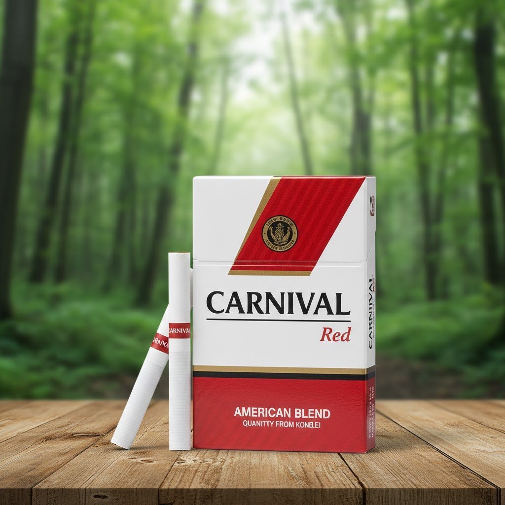 ซองบุหรี่ Carnival Red สีขาวคาดแดง วางคู่กับมวนบุหรี่บนโต๊ะไม้ ท่ามกลางบรรยากาศป่าธรรมชาติสีเขียว