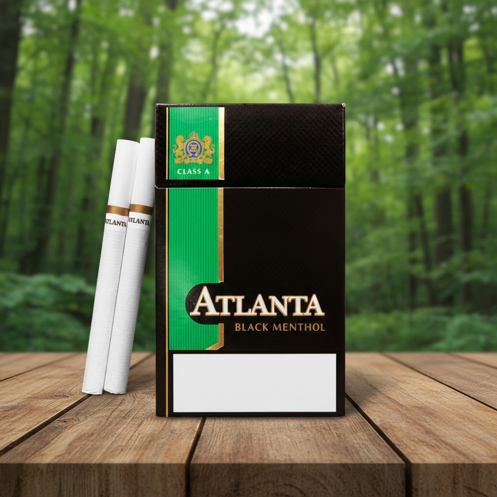 ซองบุหรี่ Atlanta Black Menthol สีดำตัดเขียว วางคู่กับมวนบุหรี่บนโต๊ะไม้ ท่ามกลางบรรยากาศป่าธรรมชาติสีเขียว