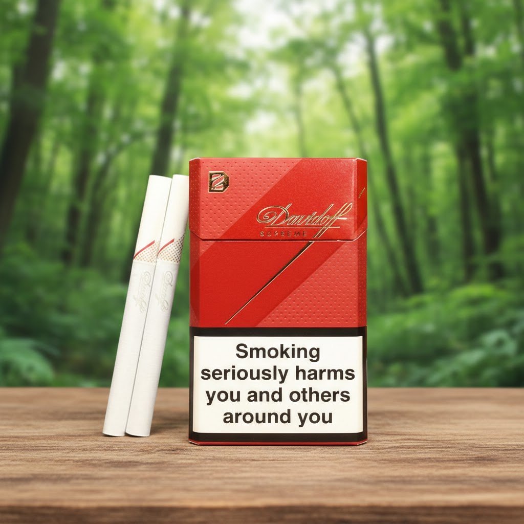 ซองบุหรี่ Davidoff Supreme สีแดงดีไซน์หรูหรา วางคู่กับมวนขนาด Magnum บนโต๊ะไม้ท่ามกลางบรรยากาศป่าธรรมชาติ