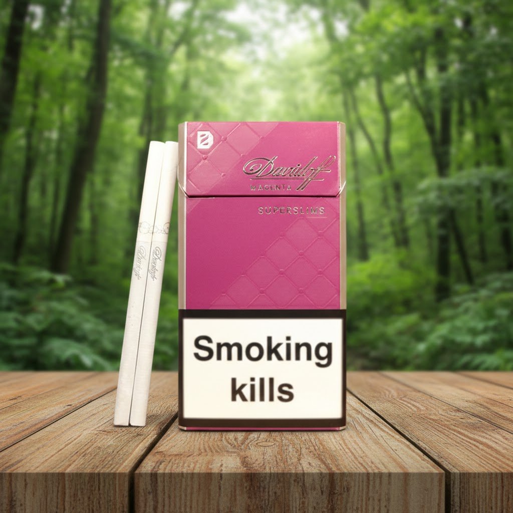 ซองบุหรี่ Davidoff Magenta สีชมพูหรูหรา วางคู่กับมวนบุหรี่แบบ Super Slims บนโต๊ะไม้ในบรรยากาศป่าธรรมชาติ