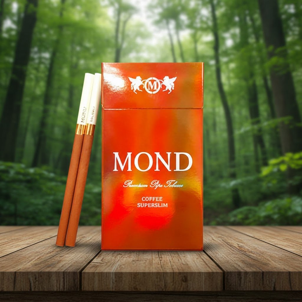 บุหรี่ Mond Coffee มอนด์ กาแฟ แบบสลิม วางบนโต๊ะไม้ในบรรยากาศป่าธรรมชาติ