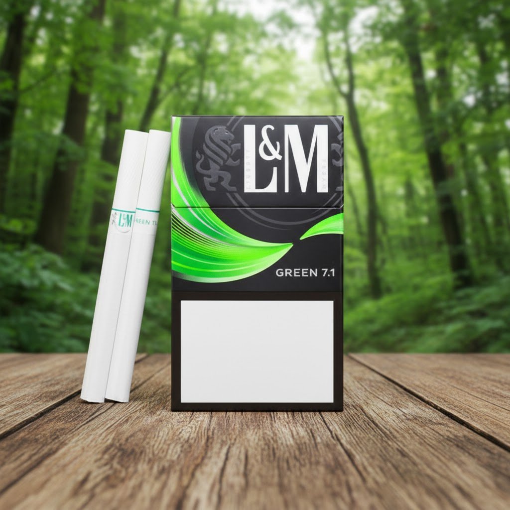 ซองบุหรี่ L&M Green 7.1 วางบนโต๊ะไม้ในบรรยากาศป่าสีเขียว แสดงดีไซน์ซองสีดำเขียวและมวนบุหรี่
