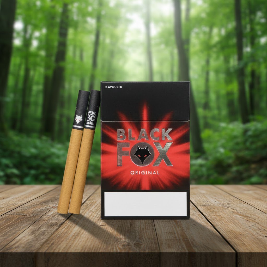 ซองบุหรี่ Black Fox Original ลายสุนัขจิ้งจอกสีแดงดำ และมวนบุหรี่สีน้ำตาลคลาสสิก วางบนโต๊ะไม้
