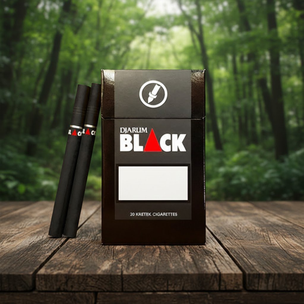 ซองบุหรี่ Djarum Black และมวนบุหรี่สีดำ วางบนโต๊ะไม้ในสวนป่า ดีไซน์หรูหราทันสมัย