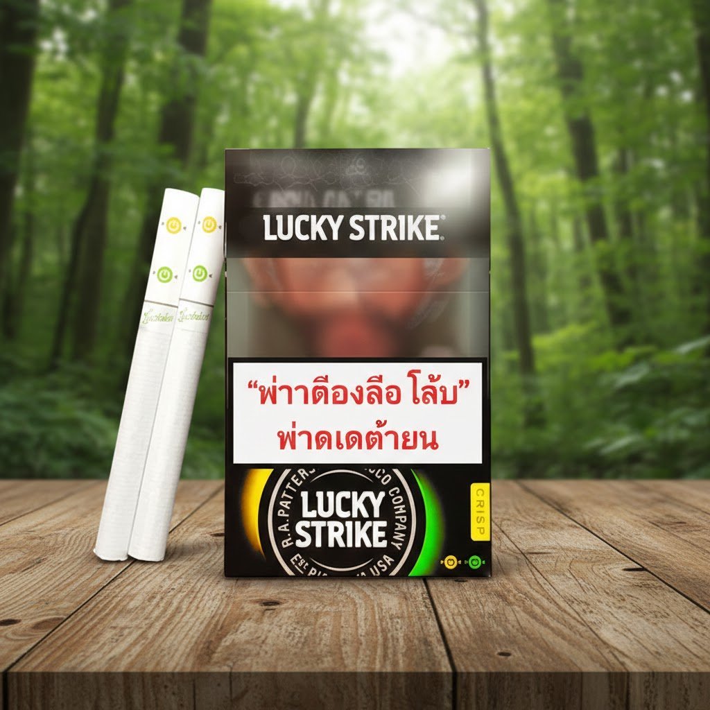 บุหรี่ Lucky Strike Double Click Yellow-Green แบบซองและมวน วางบนโต๊ะไม้ฉากหลังป่าเขียว