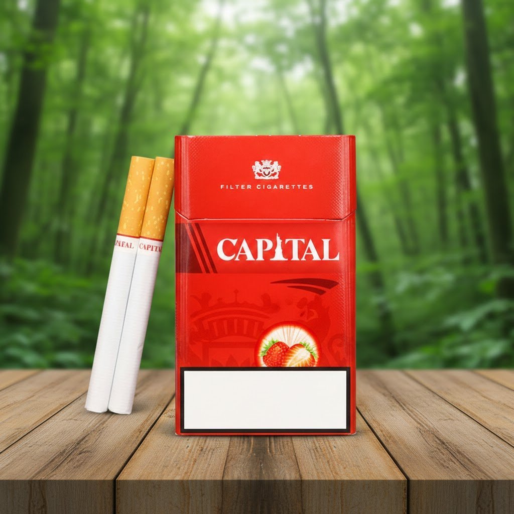 ซองบุหรี่ Capital Strawberry สีแดงสดพร้อมรูปสตรอว์เบอร์รี วางคู่กับมวนบุหรี่บนโต๊ะไม้ ฉากหลังเป็นป่าธรรมชาติ