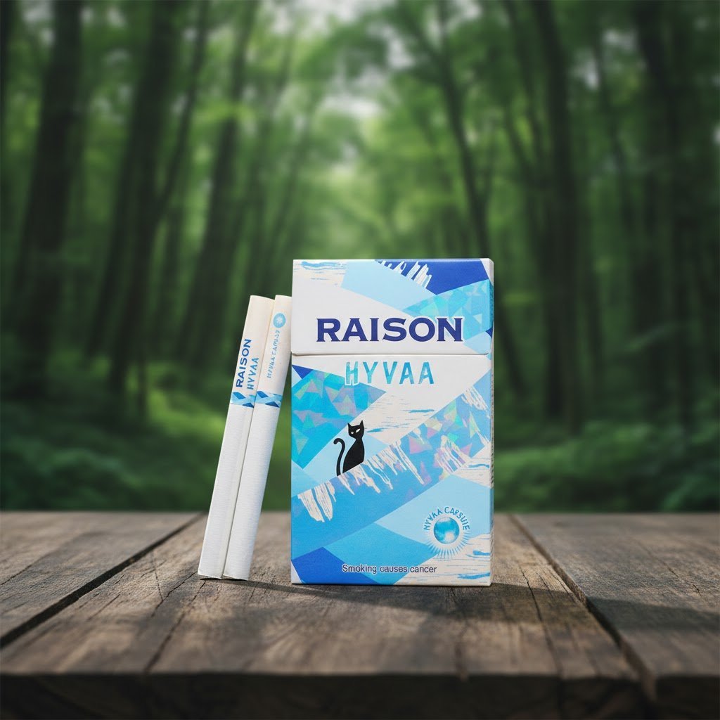 ซองบุหรี่ Raison Hyvva พร้อมมวนบุหรี่ วางบนโต๊ะไม้ในบรรยากาศป่าเขียวขจี แสดงดีไซน์ซองสีฟ้าขาวและโลโก้แมวดำ