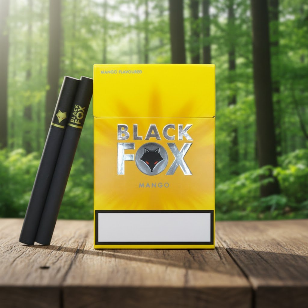 ซองบุหรี่ Black Fox Mango สีเหลืองสดใสคู่กับมวนบุหรี่สีดำสุดเท่ วางบนพื้นผิวโต๊ะไม้ในบรรยากาศป่า