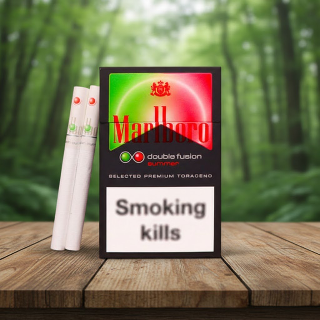 ซองบุหรี่ Marlboro Summer สีดำพร้อมลวดลายสีแดงเขียวและมวนบุหรี่ วางบนโต๊ะไม้ฉากหลังป่า