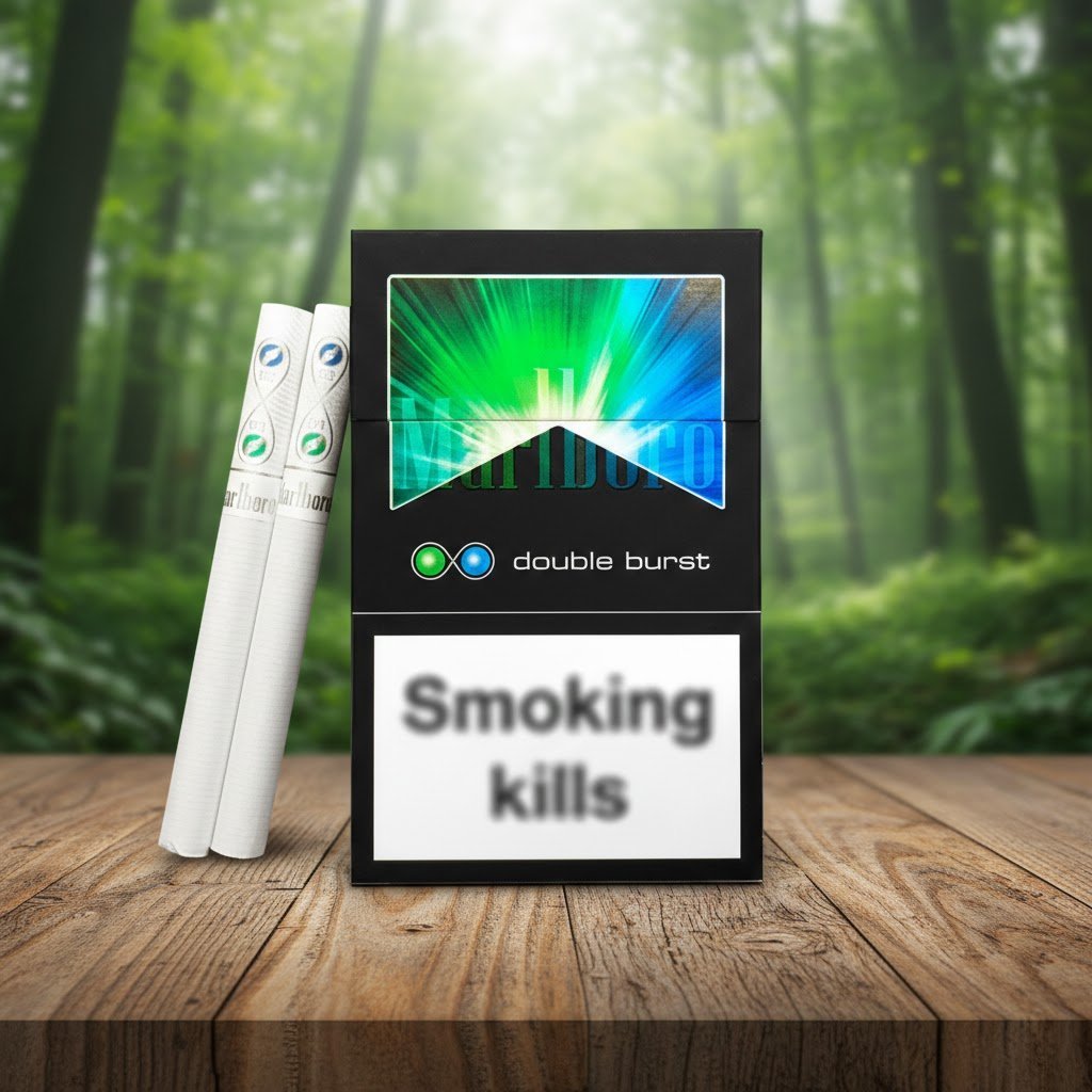 ซองบุหรี่ Marlboro Double Burst สีดำลายกราฟิกสีเขียวฟ้า พร้อมมวนบุหรี่ที่มีสัญลักษณ์ 2 เม็ดบีบ วางบนโต๊ะไม้กลางป่า