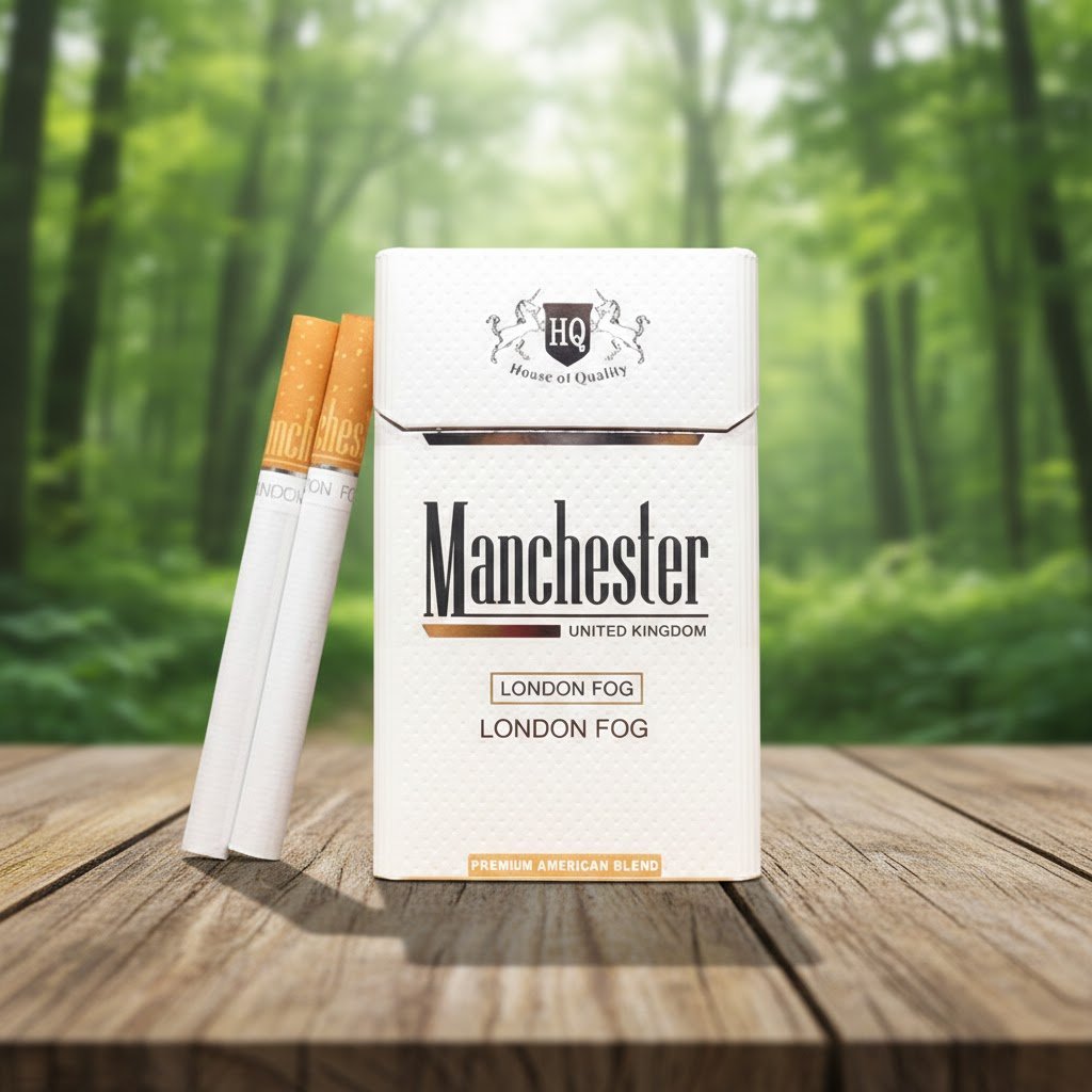 ซองบุหรี่ Manchester London Fog สีขาวดีไซน์หรูหรา วางบนโต๊ะไม้ท่ามกลางบรรยากาศสวนป่าธรรมชาติ