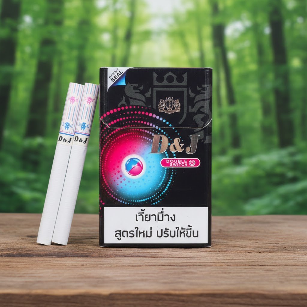 ซองบุหรี่ D&J Double Switch วางบนโต๊ะไม้ในบรรยากาศป่าเขียวขจี แสดงดีไซน์ซองสีดำและมวนบุหรี่ 2 เม็ดบีบ