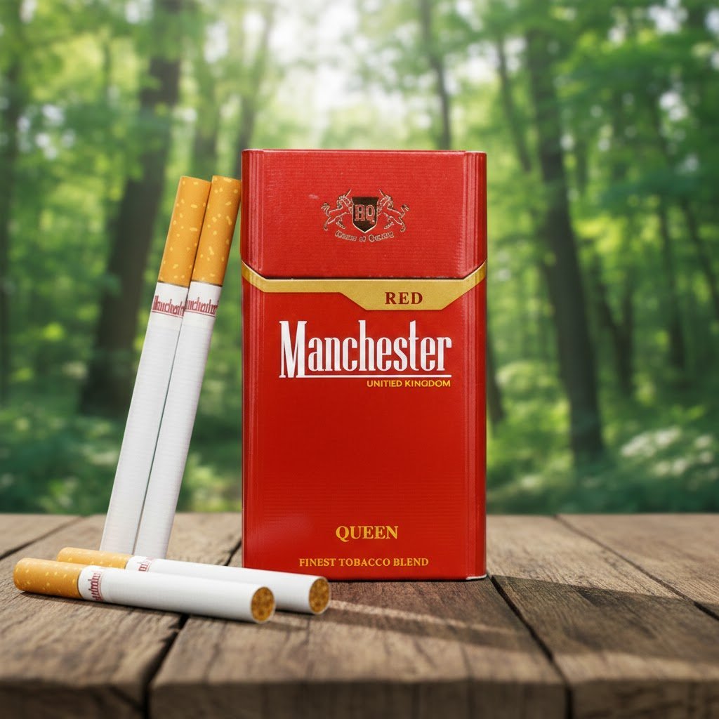 ซองบุหรี่ Manchester Queen Red สีแดงสดดีไซน์คลาสสิก วางบนโต๊ะไม้ในป่าธรรมชาติ