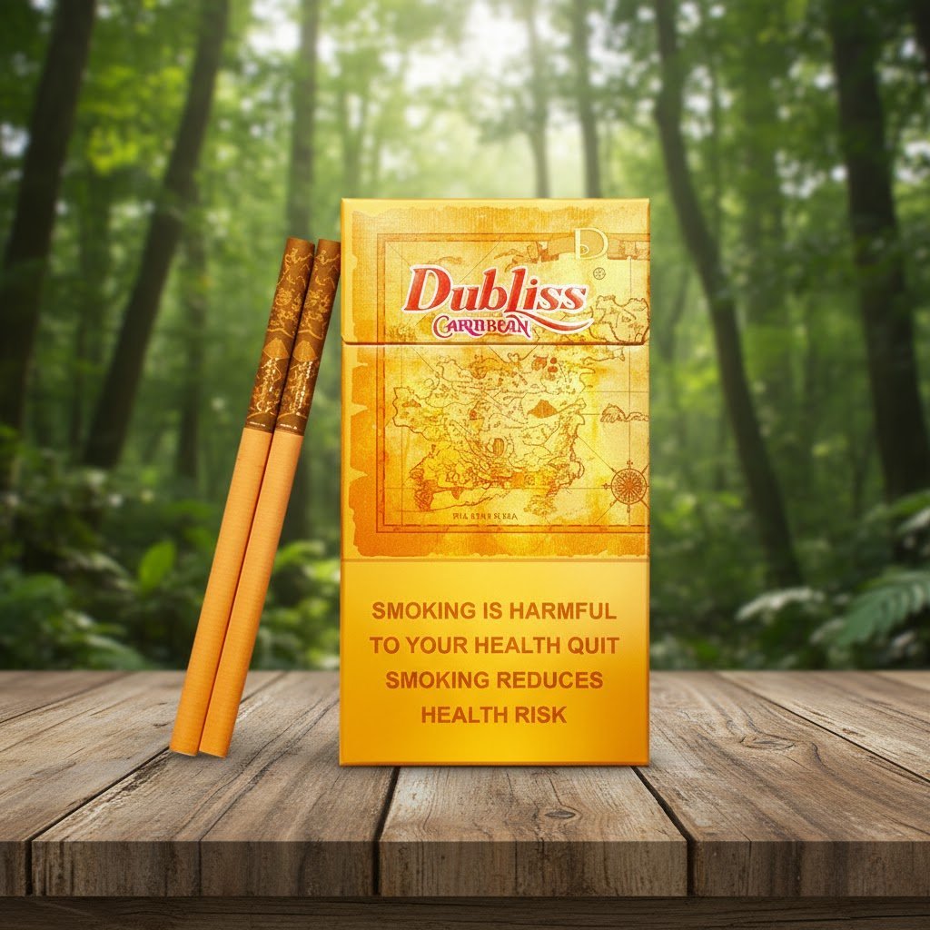 ซองบุหรี่ Dubliss Caribbean สีส้มทองลายแผนที่ วางบนโต๊ะไม้ฉากหลังพื้นหลังป่า