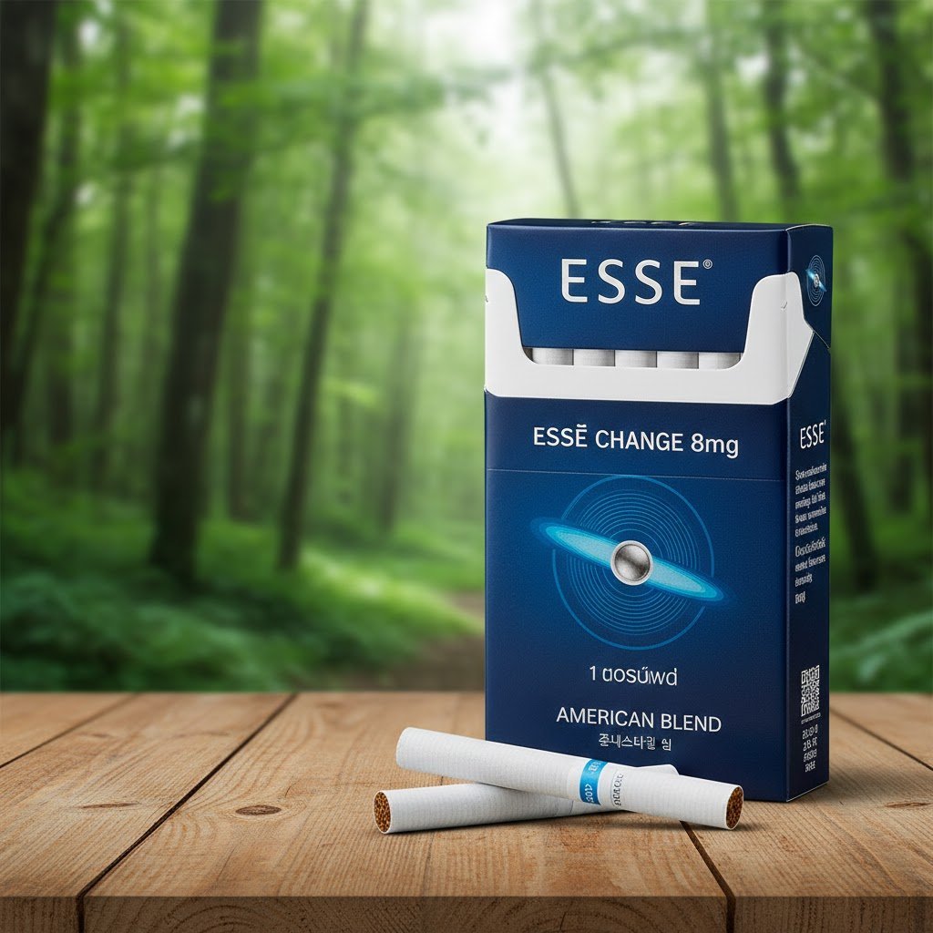 ซองบุหรี่ ESSE Change 8mg สีน้ำเงินเข้ม ดีไซน์พรีเมี่ยมวางบนโต๊ะไม้ พร้อมมวนบุหรี่ที่มีเม็ดบีบ ท่ามกลางบรรยากาศธรรมชาติ