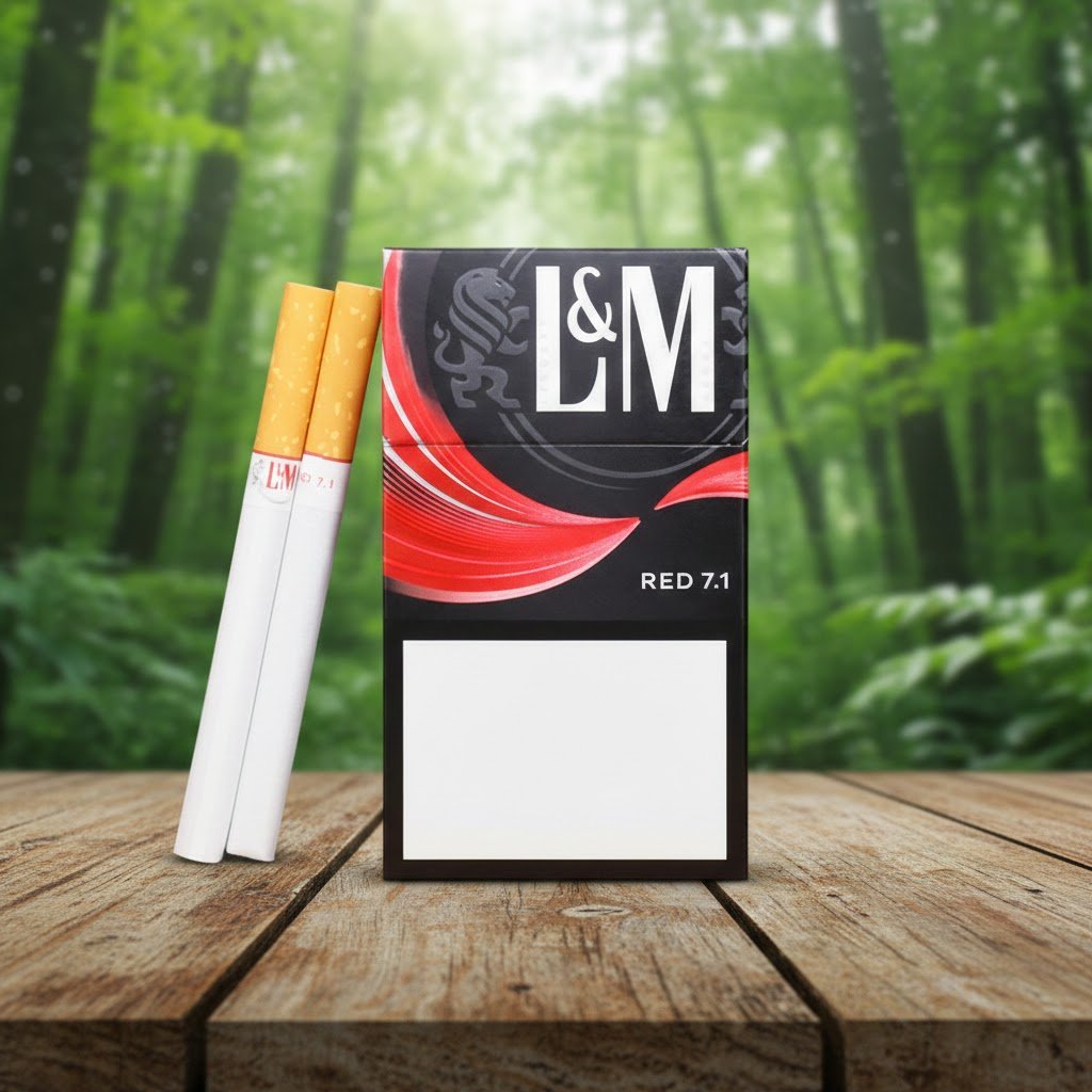 ซองบุหรี่ L&M Red 7.1 ดีไซน์สีดำตัดแดงสุดเท่ วางบนโต๊ะไม้ท่ามกลางธรรมชาติป่าสีเขียว