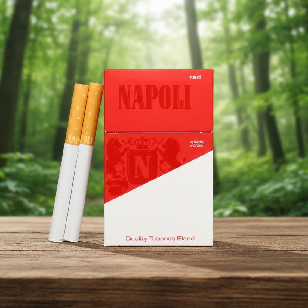 ซองบุหรี่ Napoli Red Special สีแดงตัดขาว วางบนโต๊ะไม้ พร้อมมวนบุหรี่ ฉากหลังเป็นป่าธรรมชาติสีเขียว