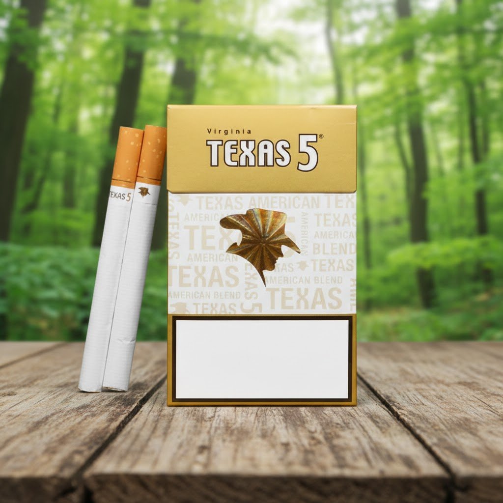 ซองบุหรี่ Texas 5 Gold สีทองสลับขาว วางบนโต๊ะไม้คู่กับมวนบุหรี่ ฉากหลังเป็นป่าธรรมชาติสีเขียว