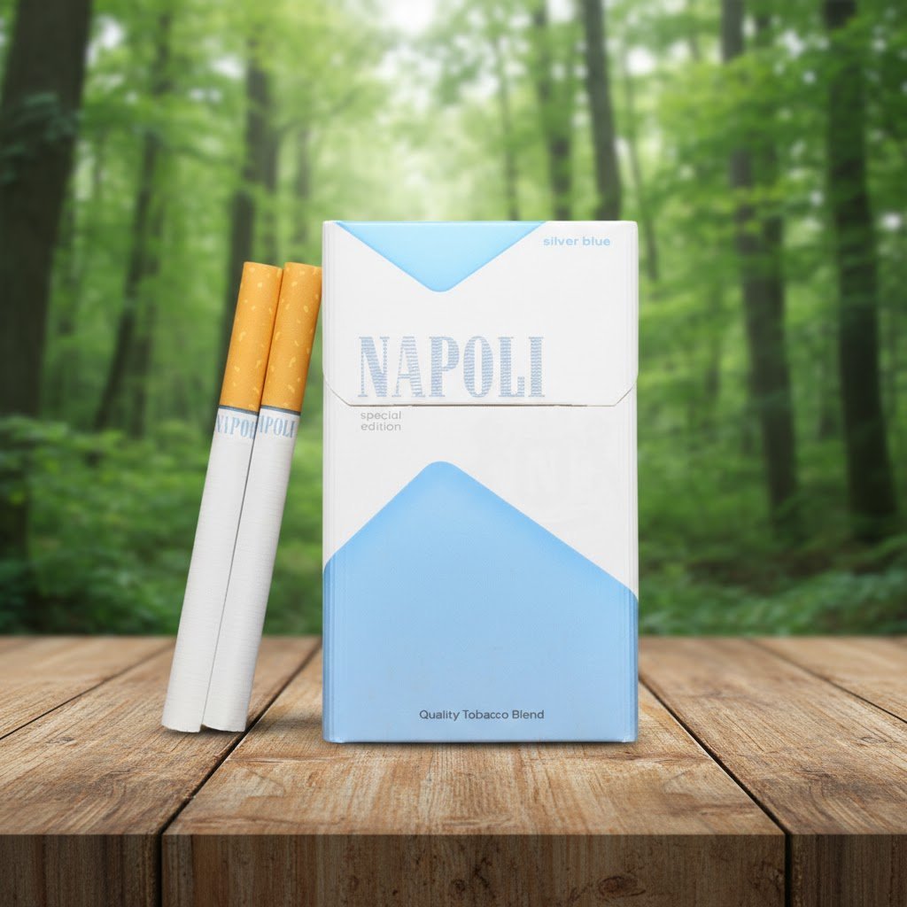 ซองบุหรี่ Napoli Blue Special สีขาวตัดฟ้า วางบนโต๊ะไม้ พร้อมมวนบุหรี่ ฉากหลังป่าสีเขียว