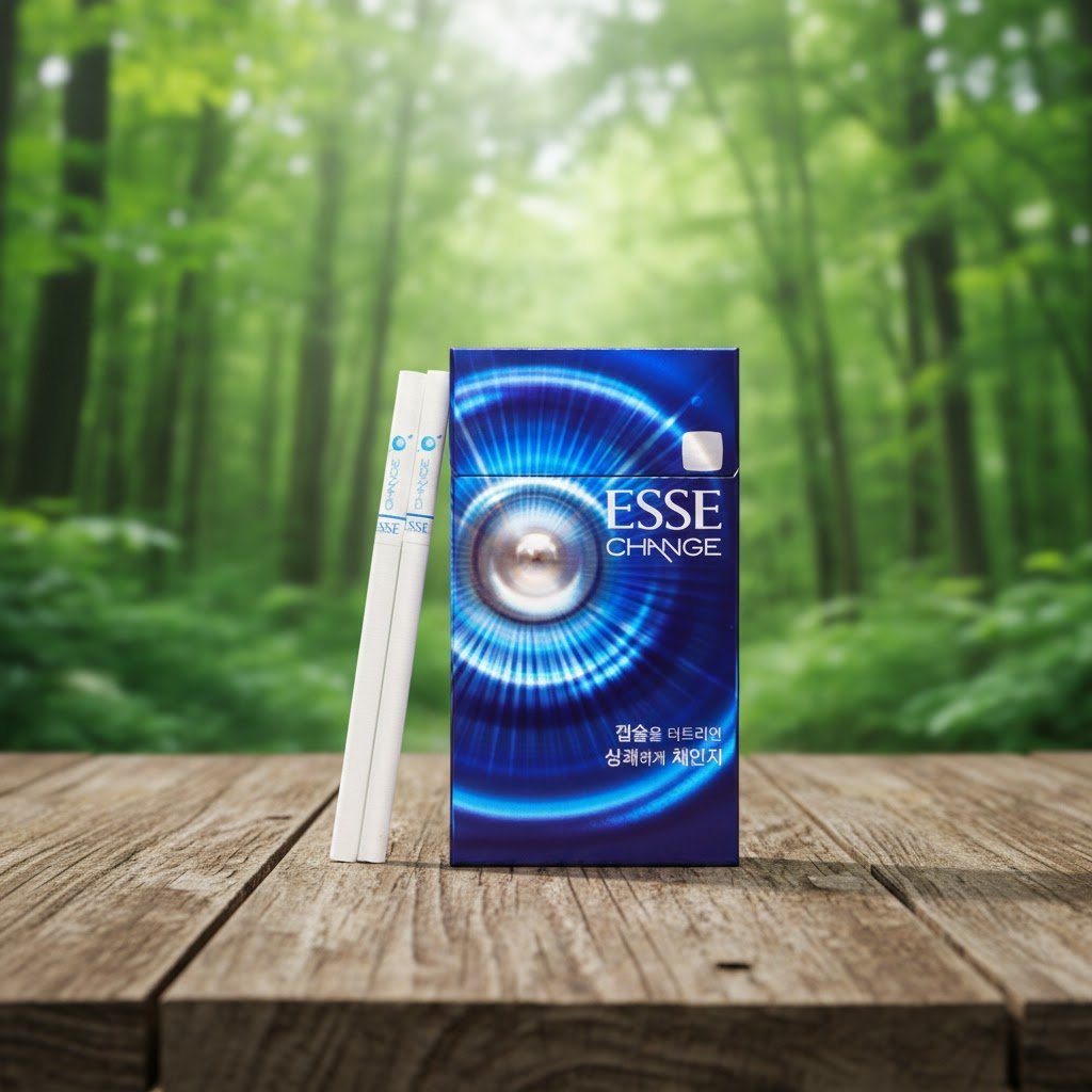 ซองบุหรี่ ESSE Change 3mg และมวนบุหรี่ วางบนโต๊ะไม้ในบรรยากาศสวนป่า ดีไซน์ซองสีน้ำเงินพรีเมี่ยม