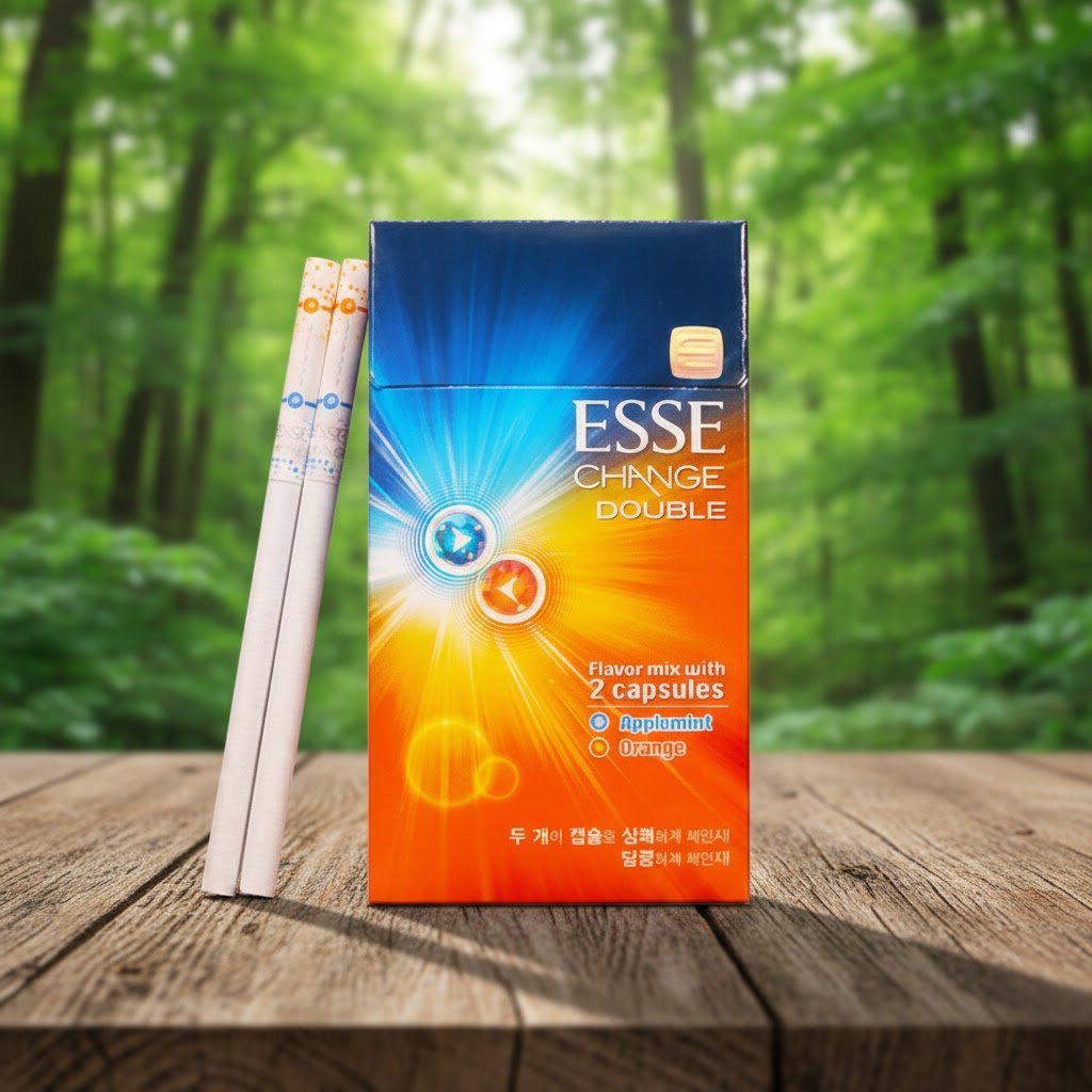 ซองบุหรี่ ESSE Change Double Orange สีส้มฟ้าสดใส พร้อมมวนบุหรี่มวนเรียวเล็กวางบนโต๊ะไม้ท่ามกลางพื้นหลังป่าไม้