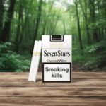 บุหรี่ Sevenstars Charcoal Filter ของแท้ วางบนโต๊ะไม้พื้นหลังวิวป่าธรรมชาติ