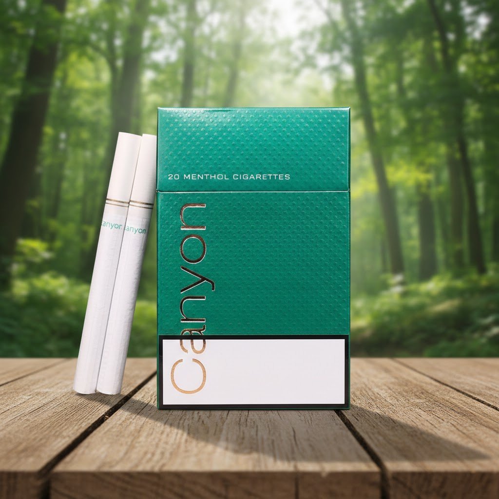 บุหรี่ Canyon Green แบบซองแข็งสีเขียว พร้อมมวนบุหรี่ วางบนโต๊ะไม้ฉากหลังเป็นป่าธรรมชาติ