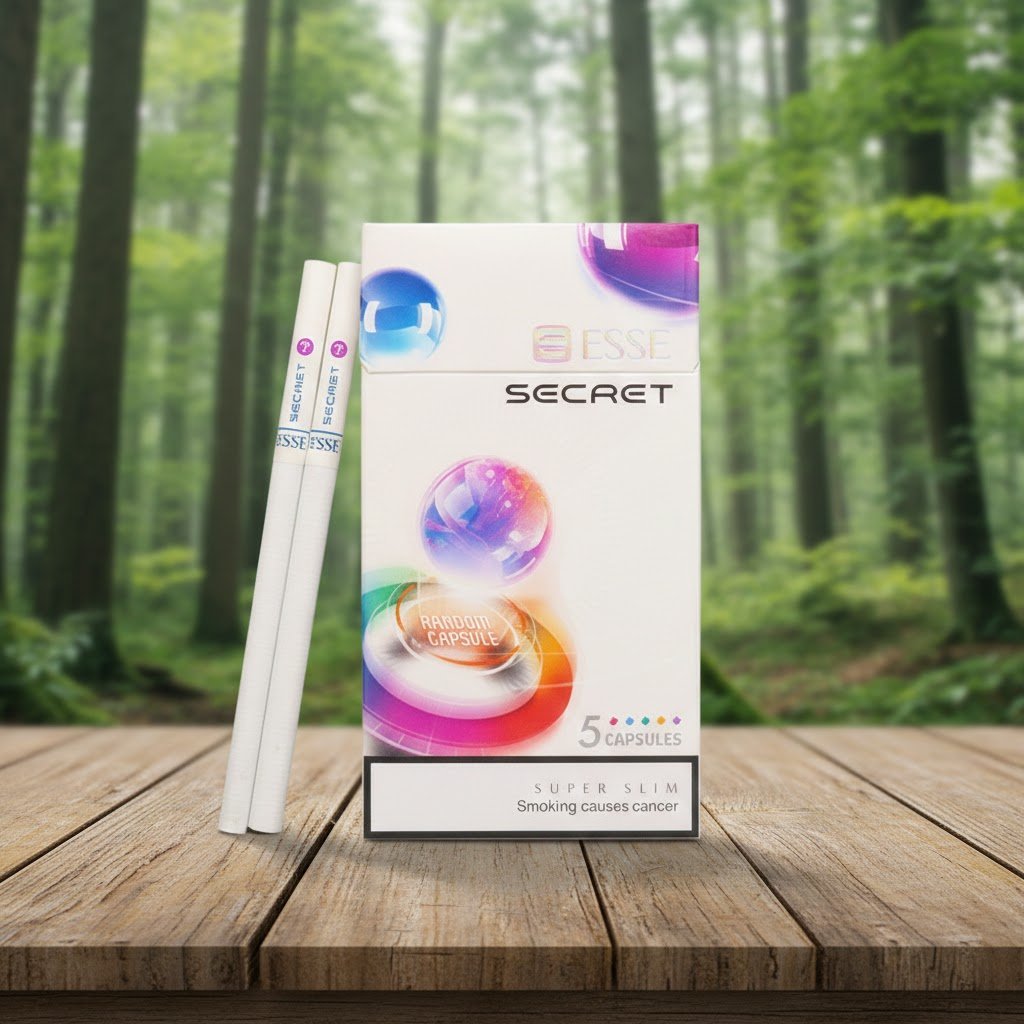 ซองบุหรี่ ESSE Secret ดีไซน์ลูกบอลสีสันสดใส พร้อมมวนบุหรี่ Super Slim วางบนโต๊ะไม้ท่ามกลางพื้นหลังป่าไม้