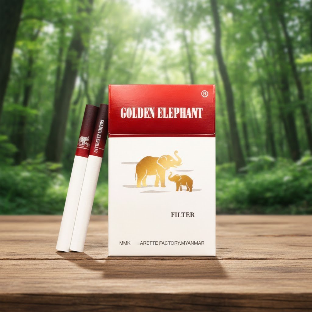 ซองบุหรี่ Golden Elephant และบุหรี่ 2 มวน วางบนโต๊ะไม้ ท่ามกลางบรรยากาศป่าสีเขียว
